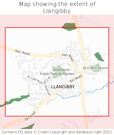 Map showing extent of Llangibby as bounding box