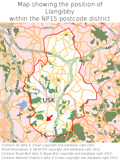 Map showing location of Llangibby within NP15