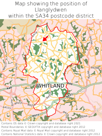 Map showing location of Llanglydwen within SA34