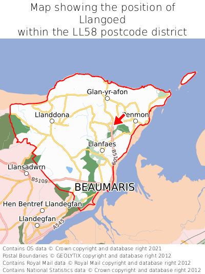 Map showing location of Llangoed within LL58