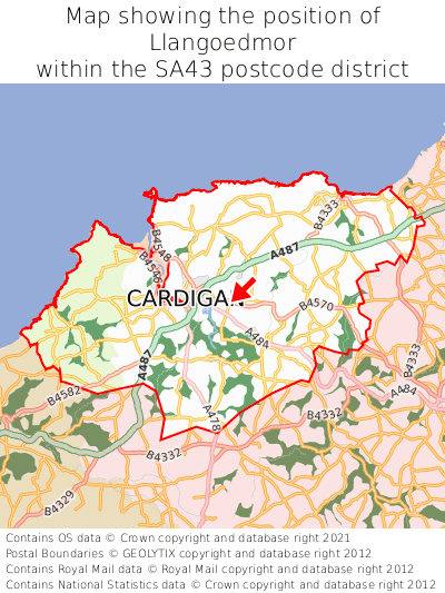 Map showing location of Llangoedmor within SA43