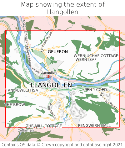Map showing extent of Llangollen as bounding box