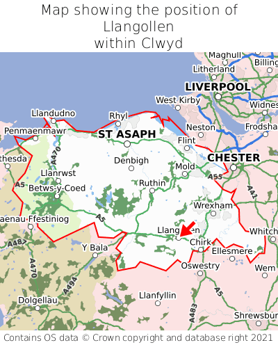 Map showing location of Llangollen within Clwyd