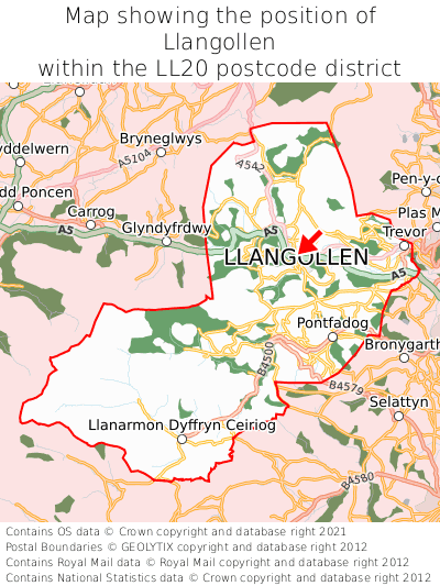 Map showing location of Llangollen within LL20