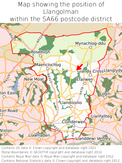 Map showing location of Llangolman within SA66