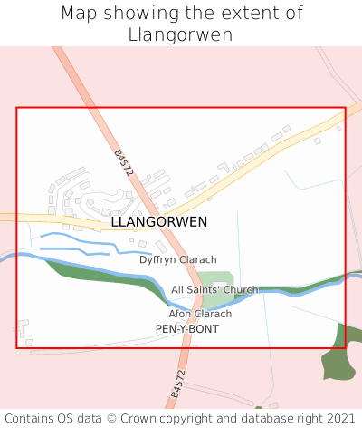 Map showing extent of Llangorwen as bounding box