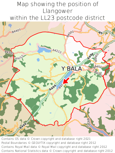 Map showing location of Llangower within LL23