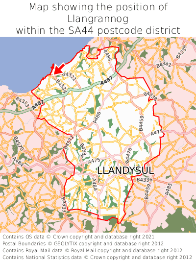 Map showing location of Llangrannog within SA44