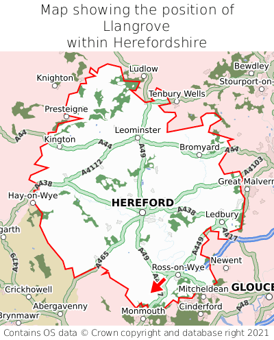 Map showing location of Llangrove within Herefordshire