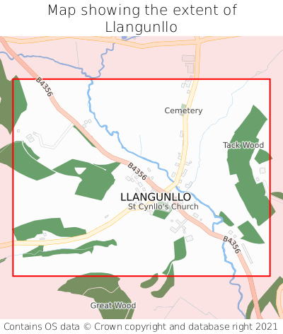 Map showing extent of Llangunllo as bounding box