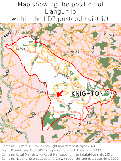 Map showing location of Llangunllo within LD7