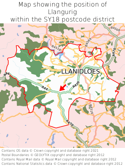 Map showing location of Llangurig within SY18