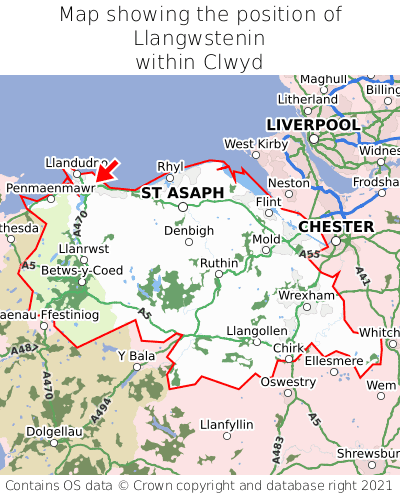 Map showing location of Llangwstenin within Clwyd