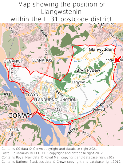 Map showing location of Llangwstenin within LL31