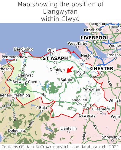 Map showing location of Llangwyfan within Clwyd
