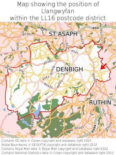Map showing location of Llangwyfan within LL16