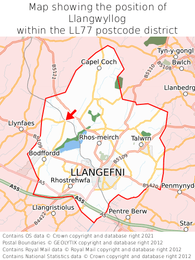 Map showing location of Llangwyllog within LL77
