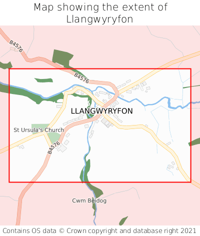Map showing extent of Llangwyryfon as bounding box