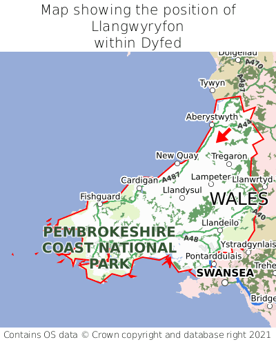 Map showing location of Llangwyryfon within Dyfed
