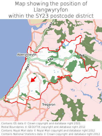 Map showing location of Llangwyryfon within SY23