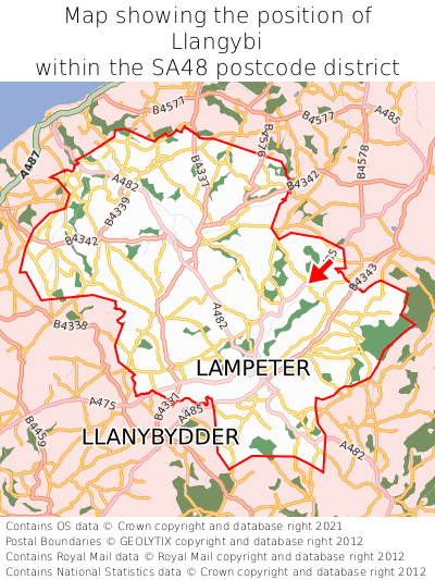 Map showing location of Llangybi within SA48