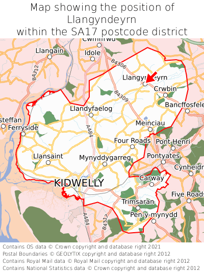Map showing location of Llangyndeyrn within SA17