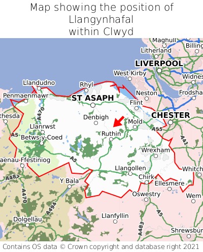 Map showing location of Llangynhafal within Clwyd