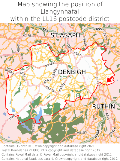 Map showing location of Llangynhafal within LL16