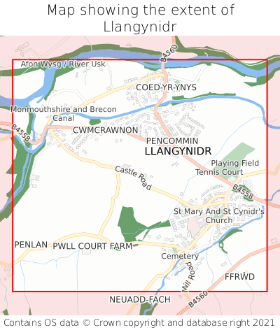 Map showing extent of Llangynidr as bounding box