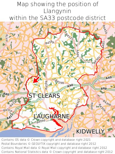 Map showing location of Llangynin within SA33