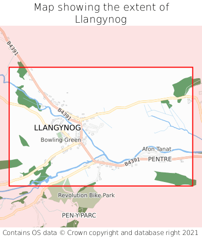 Map showing extent of Llangynog as bounding box