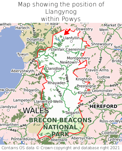 Map showing location of Llangynog within Powys