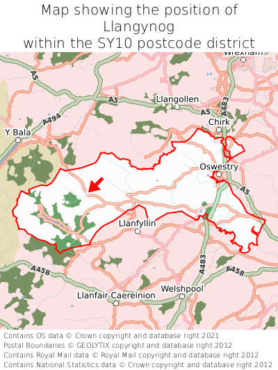 Map showing location of Llangynog within SY10
