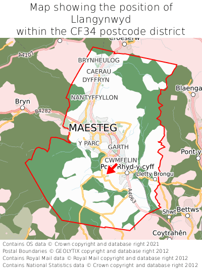 Map showing location of Llangynwyd within CF34