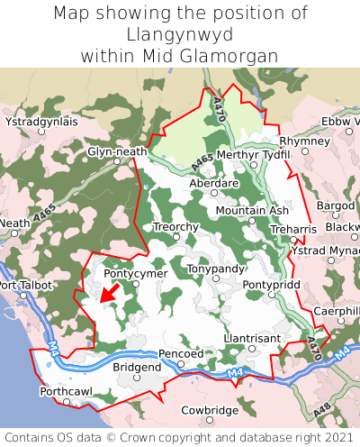 Map showing location of Llangynwyd within Mid Glamorgan