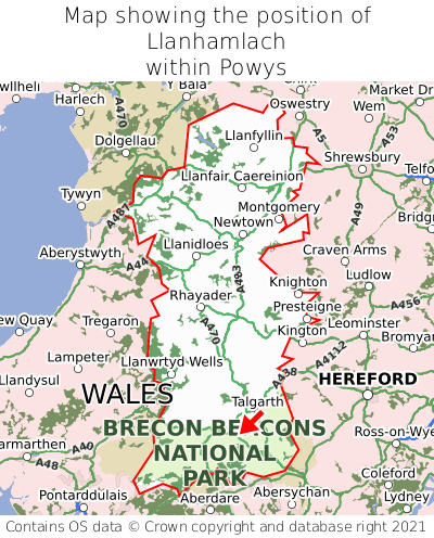 Map showing location of Llanhamlach within Powys