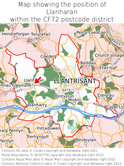 Map showing location of Llanharan within CF72