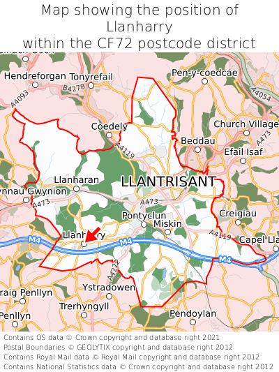 Map showing location of Llanharry within CF72
