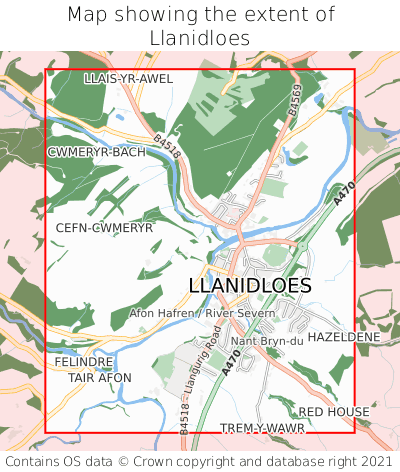 Map showing extent of Llanidloes as bounding box