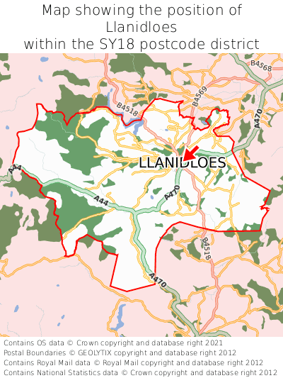 Map showing location of Llanidloes within SY18