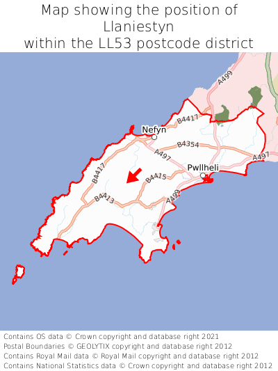 Map showing location of Llaniestyn within LL53