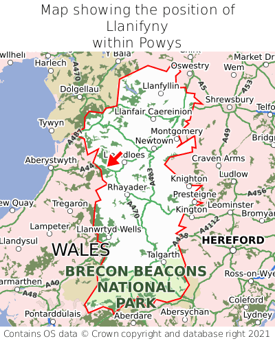 Map showing location of Llanifyny within Powys