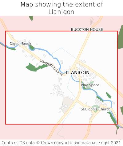 Map showing extent of Llanigon as bounding box