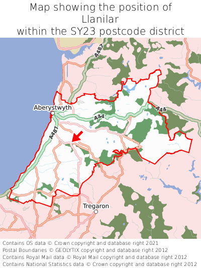 Map showing location of Llanilar within SY23