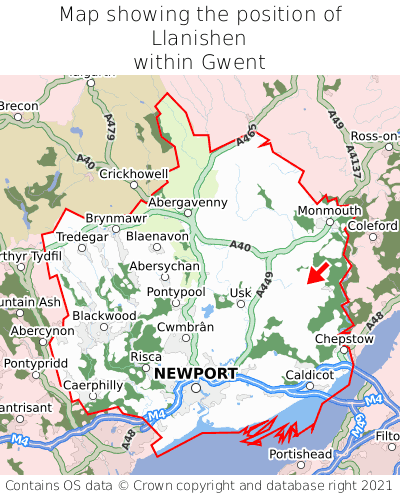 Map showing location of Llanishen within Gwent
