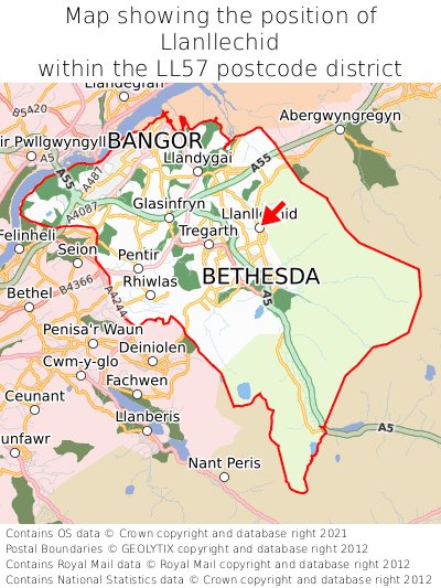 Map showing location of Llanllechid within LL57