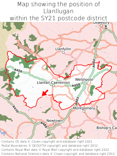 Map showing location of Llanllugan within SY21