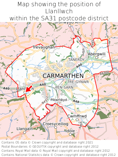 Map showing location of Llanllwch within SA31