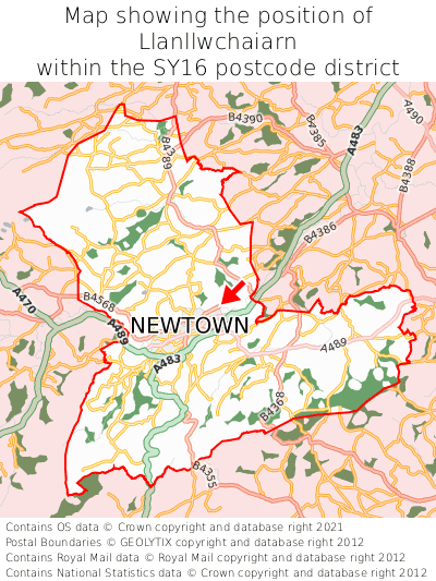 Map showing location of Llanllwchaiarn within SY16