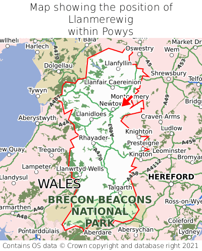 Map showing location of Llanmerewig within Powys